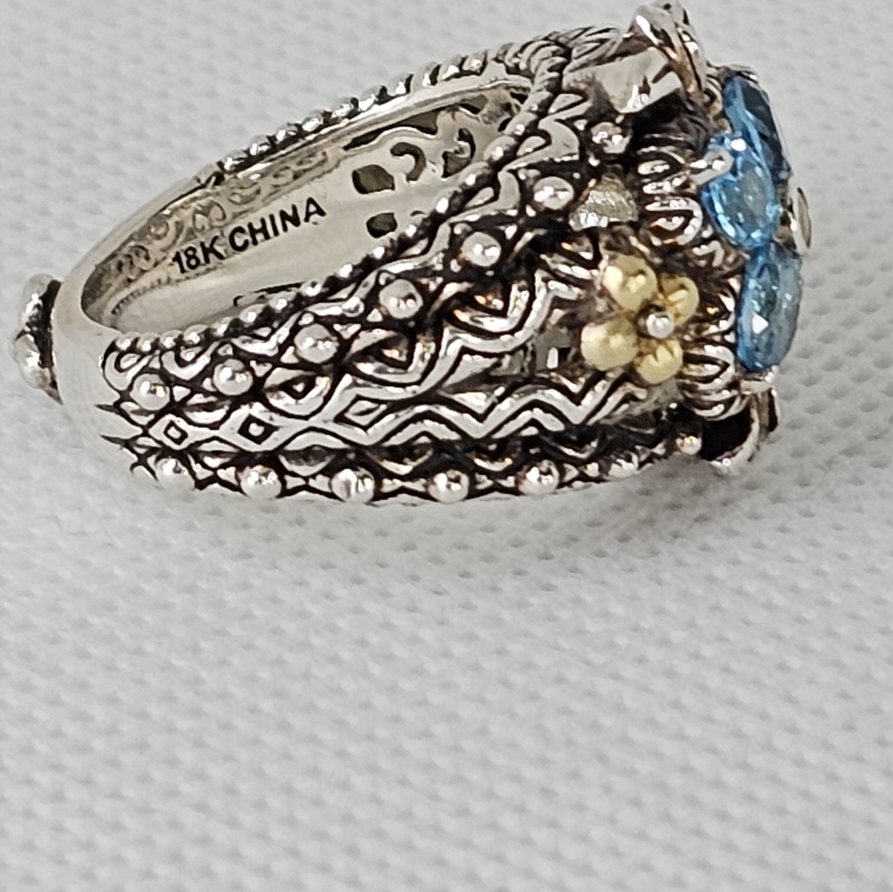 Genuine Barbara Bixby Blue Topaz Ring Sterling Silver & 18k Size 6.5 - Picture 4 of 12